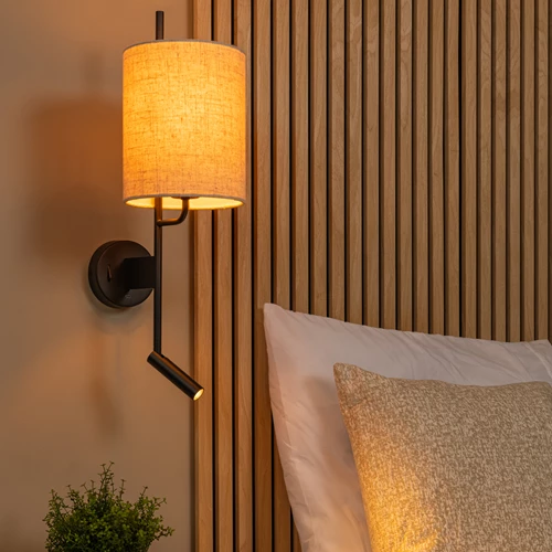 Lucide MAGIC - Wandlamp - 1xE27 - Met USB oplaadpunt - Zwart - sfeer 1
